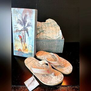 NIB Margaritaville Tan Beige And Pink Embossed Leather Sandal Flip Flops